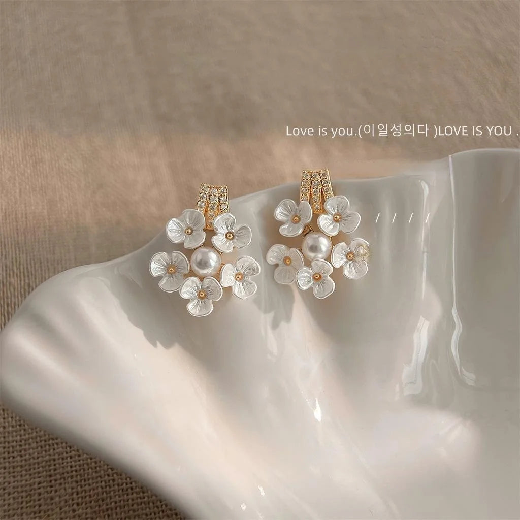 14K Gold Plated Copper Pearl Zircon Peach Blossom Stud Earrings Sweet Elegant Floral Jewelry