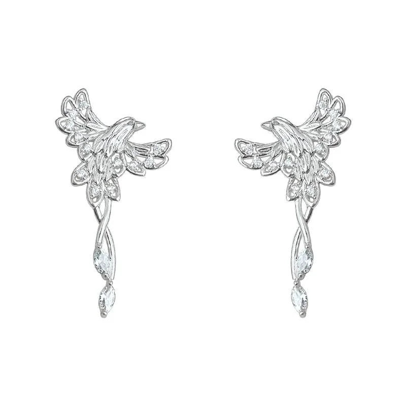 Light Luxury Zircon Phoenix Bird Drop Earrings Silver Plated Micro Pave Animal Jewelry