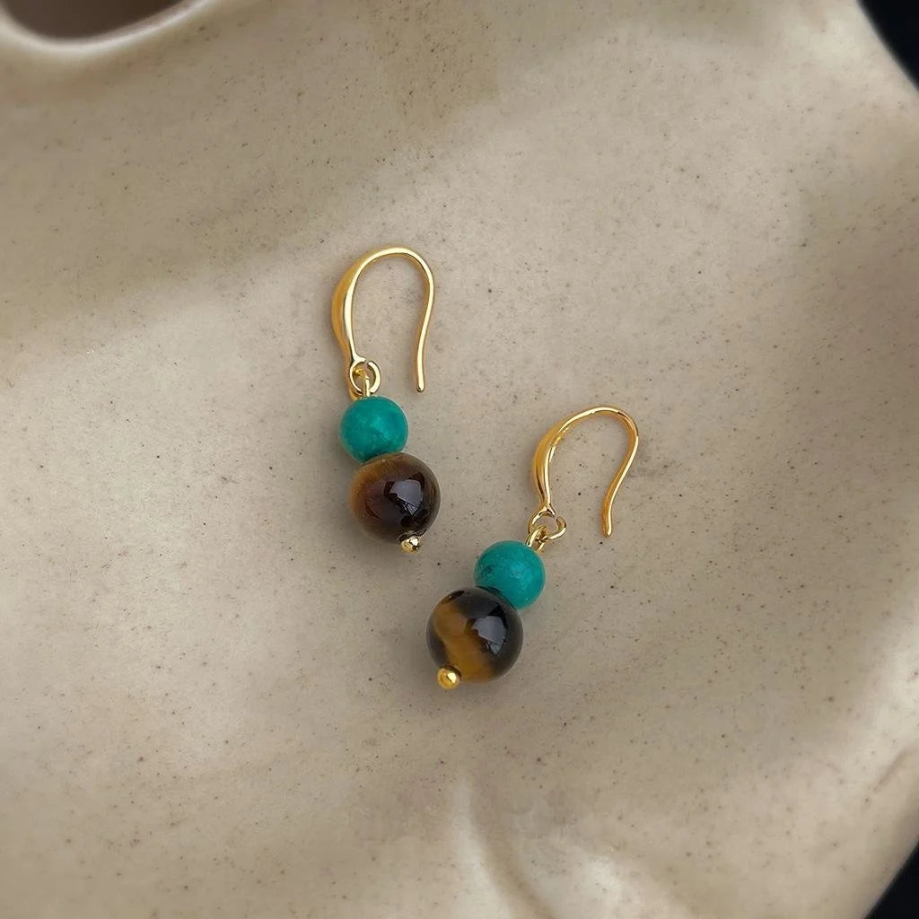 Handmade Tiger Eye Synthetic Turquoise Geometric Drop Earrings Vintage Ethnic Teardrop Jewelry
