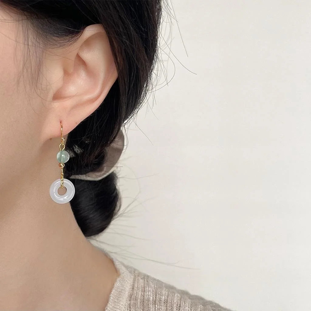 14K Plated Copper Glass White Jade Round Drop Earrings New Chinese Elegant Handmade Jewelry