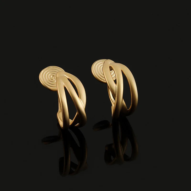 Elegant Matte Gold Alloy Twisted Hoop Stud & Clip On No Piercing Commuter Minimalist Metal Earrings