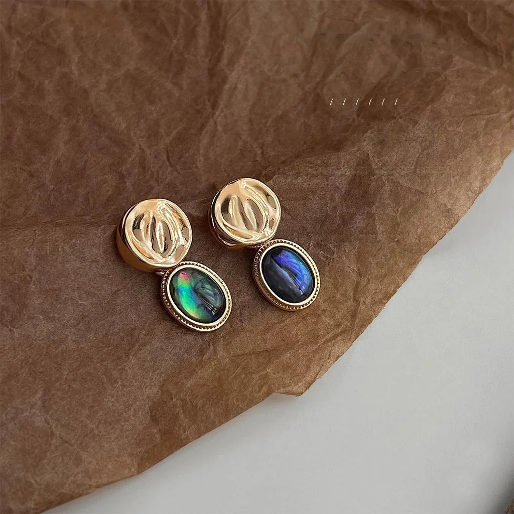 French Vintage Abalone Shell Copper Geometric Round Oval Drop Earrings Elegant Jewelry