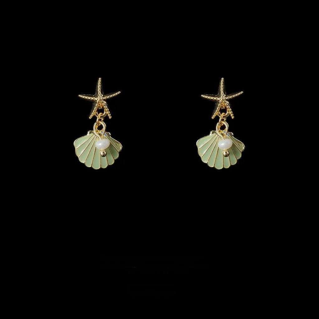 14K Plated Alloy Starfish Stud Earrings With Pearl Shell Korean Fresh Style Jewelry