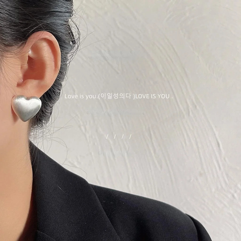 Brushed Matte Heart Stud Earrings Copper Silver Plated Pin Minimalist Everyday Jewelry