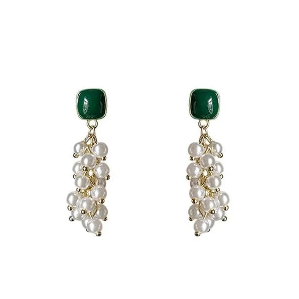 French Vintage Copper Pearl Grape Cluster Tassel Stud Earrings For Women