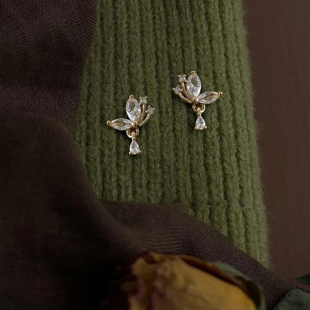 Copper Micro Pave Zircon Water Drop Butterfly Stud Earrings French Sweet Floral Style