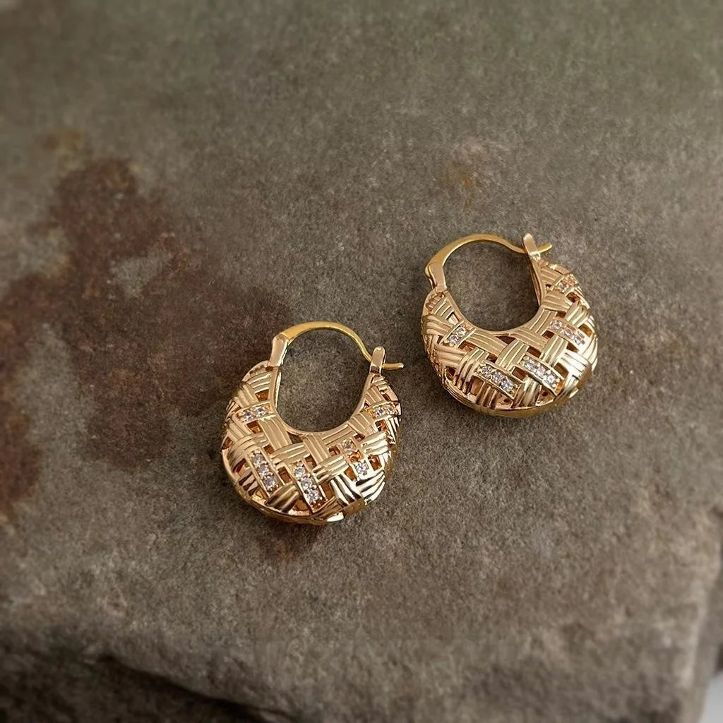 Light Luxury 18K Gold Plated Copper Micro Pave Zircon Geometric Mesh Drop Earrings