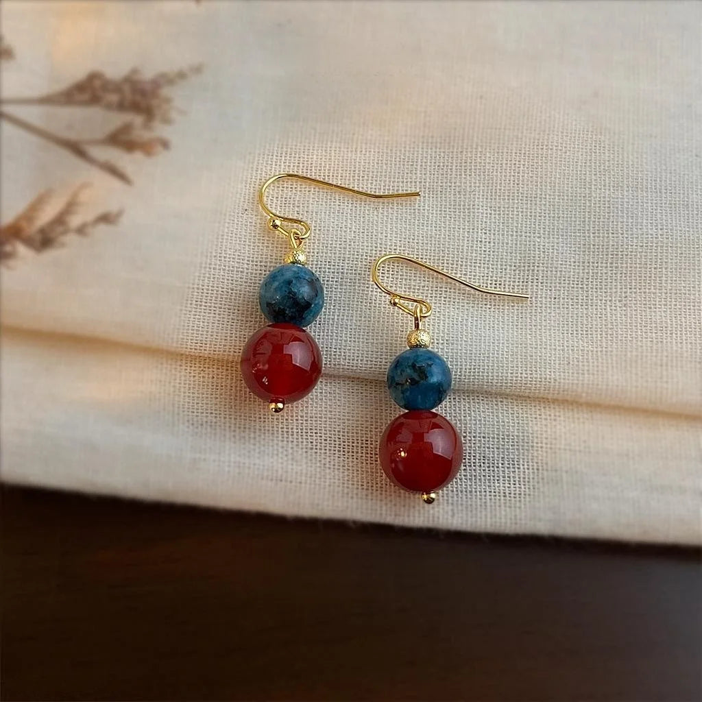 Handmade Copper Red Agate Drop Earrings Ethnic Vintage Geometric Round Dangle Jewelry