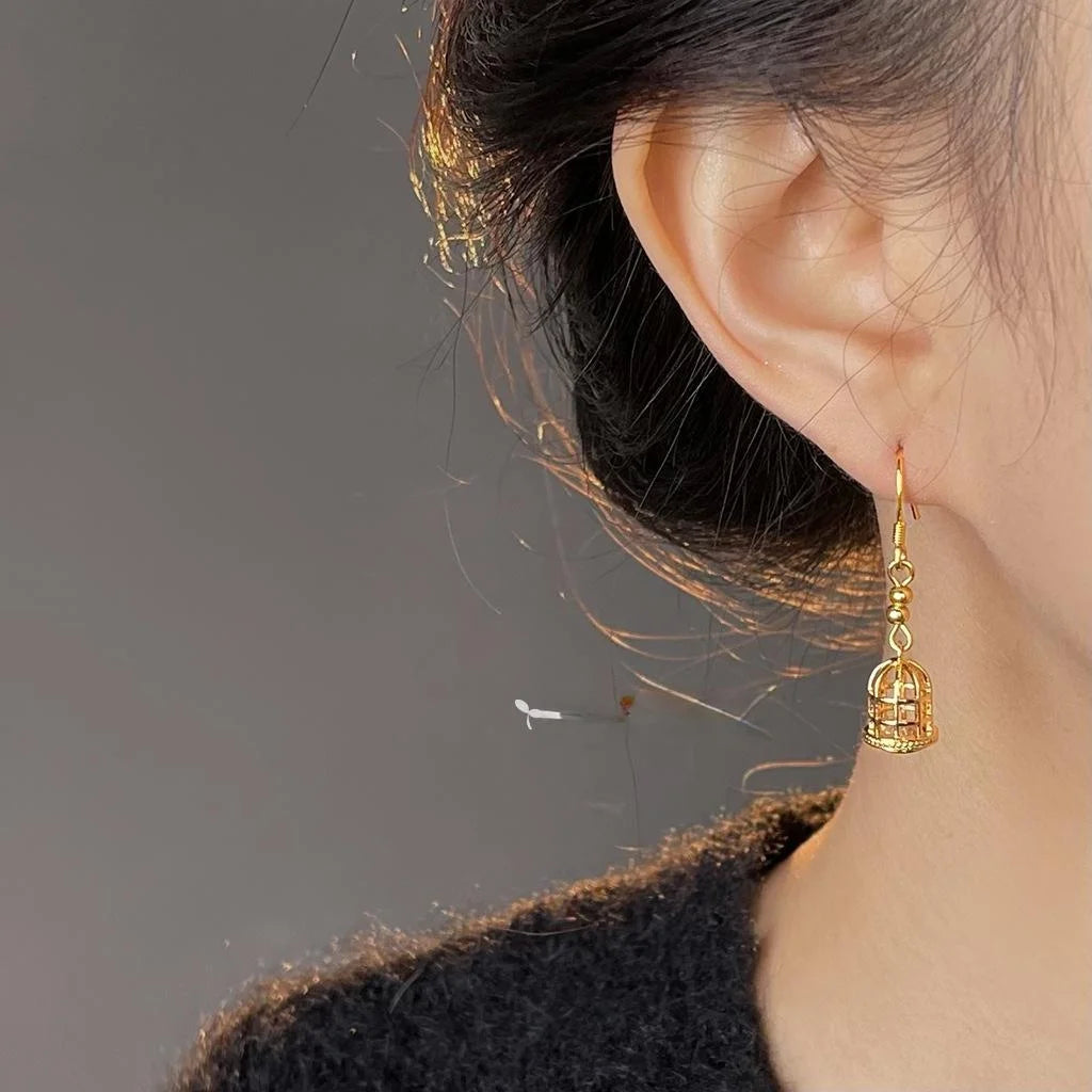 14K Gold Plated Copper Birdcage Drop Earrings, French Vintage Designer Style