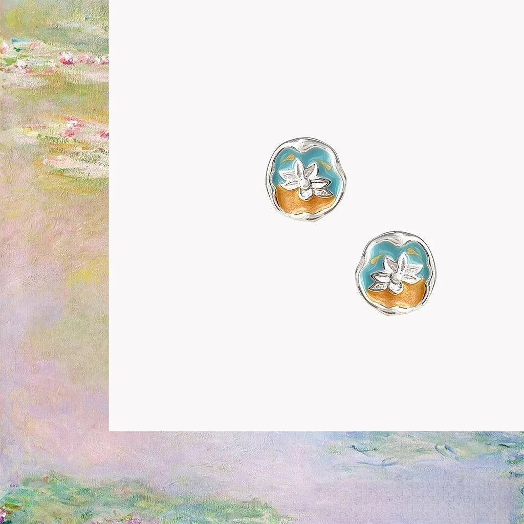 Vintage French Enamel Lotus Flower Copper Stud Earrings Irregular Geometric Jewelry