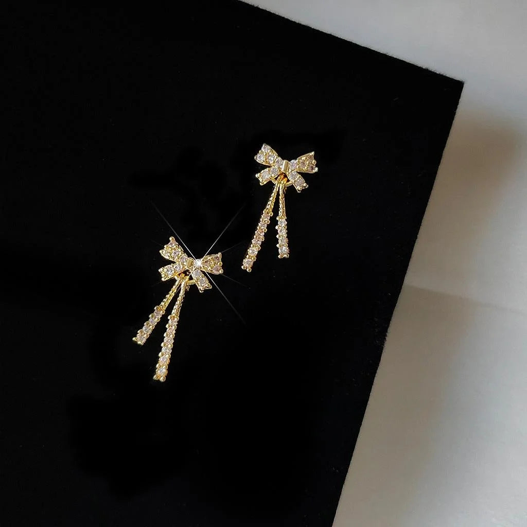 Mini 14K Gold Plated Copper Bow Stud Earrings With Micro Pave Zircon Simple Style