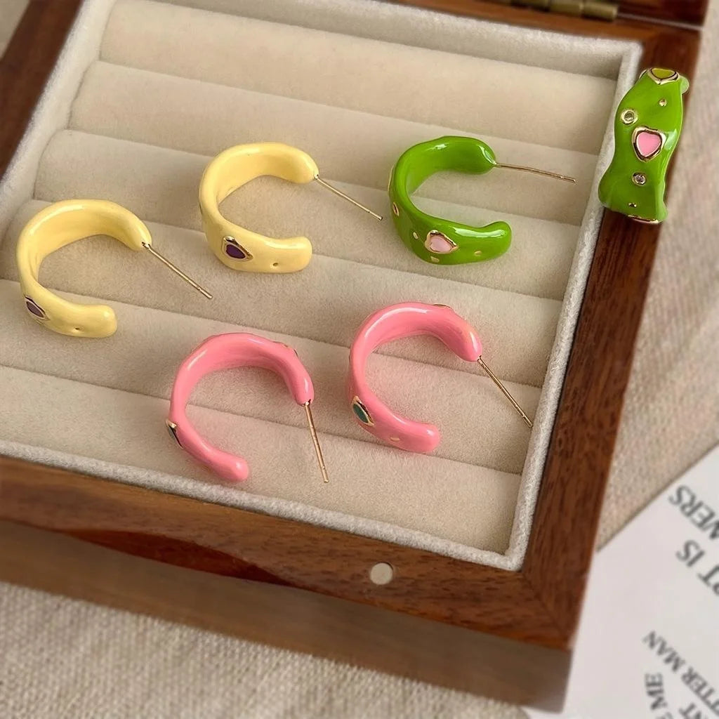 Colorful Enamel C-Shaped Heart Geometric Eco Copper Drop Earrings Sweet Silver Plated Pin Jewelry
