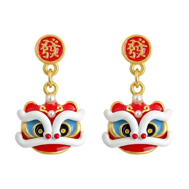 Hand Painted Copper Lion Dance Drop Earrings New Chinese Ethnic Year Of Horse Geometric Jewelry