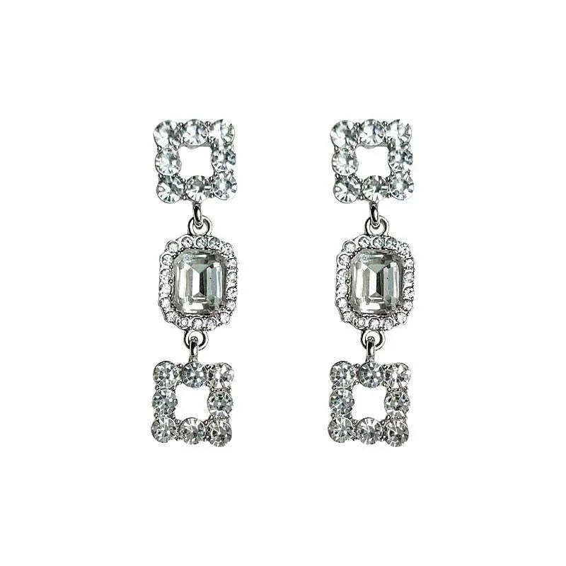 Light Luxury Geometric Square Glass Rhinestone Long Stud Earrings For Evening Wear