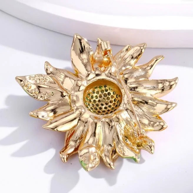 Elegant Enamel Sunflower Brooch With Rhinestones, Luxury Floral Lapel Pin Corsage Suit Accessory Gift