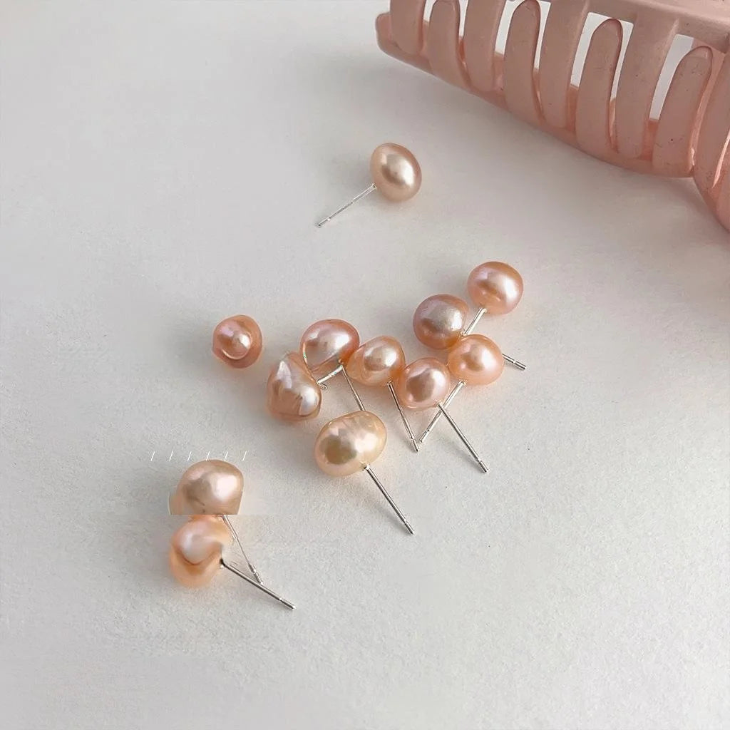 Light Luxury Baroque Pink Freshwater Pearl Stud Earrings, Irregular Geometric Single Pearl Design