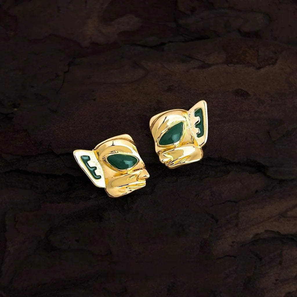 French Vintage Mask Copper Enamel Stud Earrings With Silver Plated Pins Niche Geometric Style