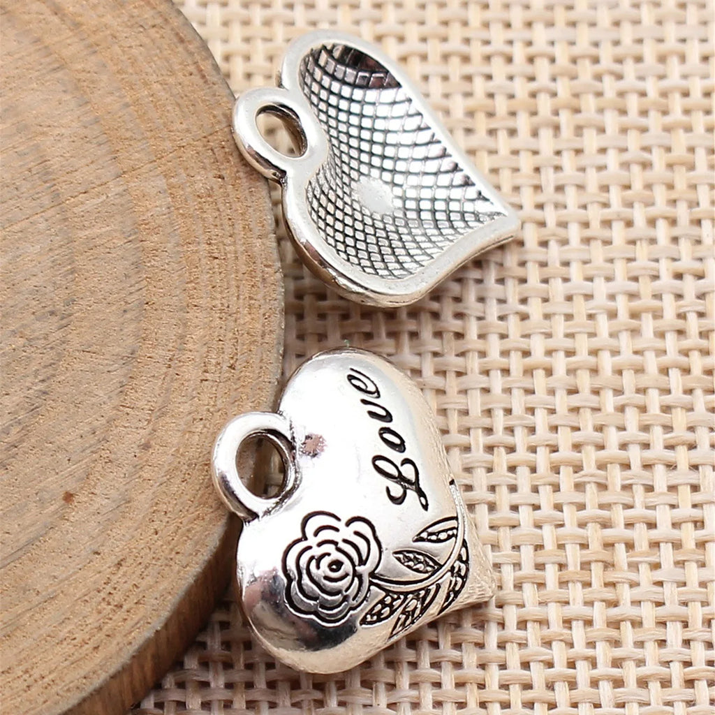 20x20mm 3.2g Antique Silver Zinc Alloy LOVE Rose Heart Charm Pendant for DIY Necklace Jewelry Making