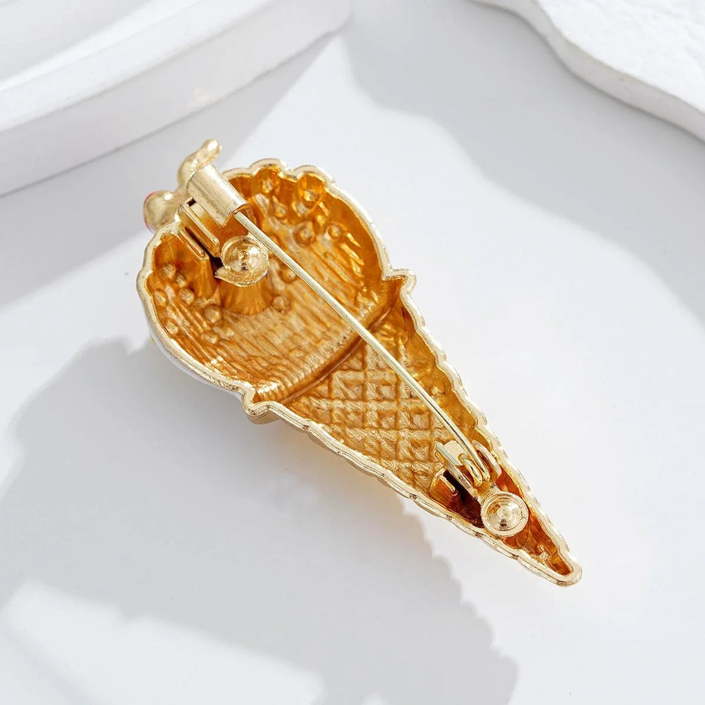 Cute Rhinestone Enamel Ice Cream Cone Brooch With Cherry, Gold Alloy Lapel Pin Corsage Gift
