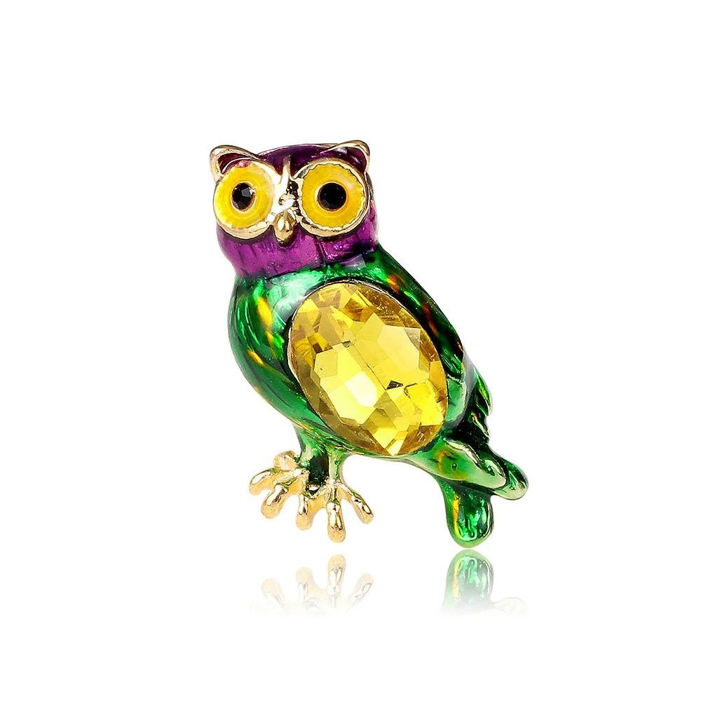 Cute Enamel Owl Brooch With Crystal Belly, Colorful Alloy Animal Lapel Pin For Cardigan Shawl Gift