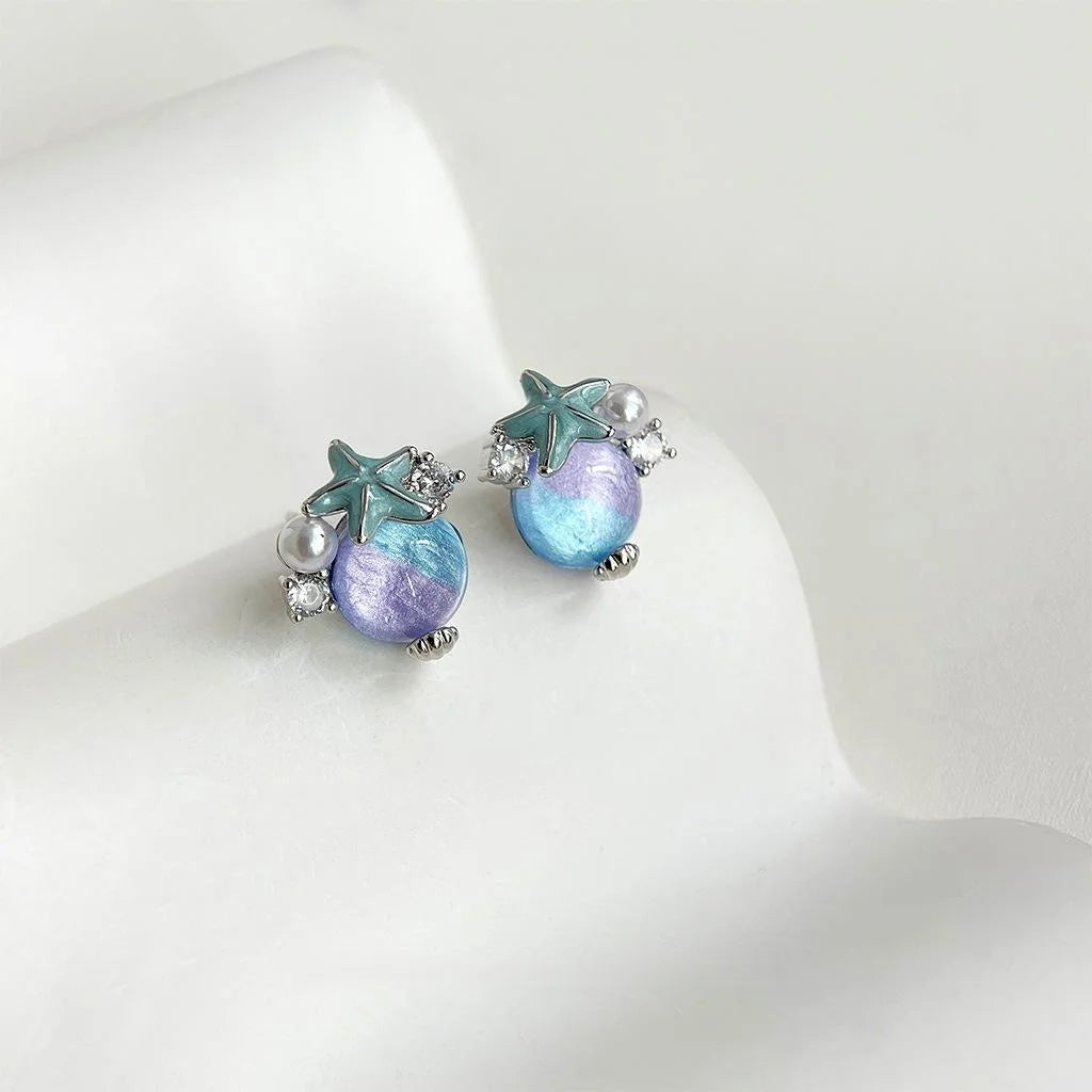Personalized Designer Micro Pave Zircon Starfish Resin Copper Stud Earrings Vacation Style