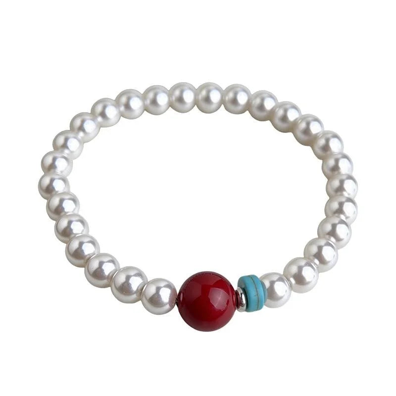 New Chinese Style Glass Pearl And Red Agate Geometric Ring Bracelet For Women
