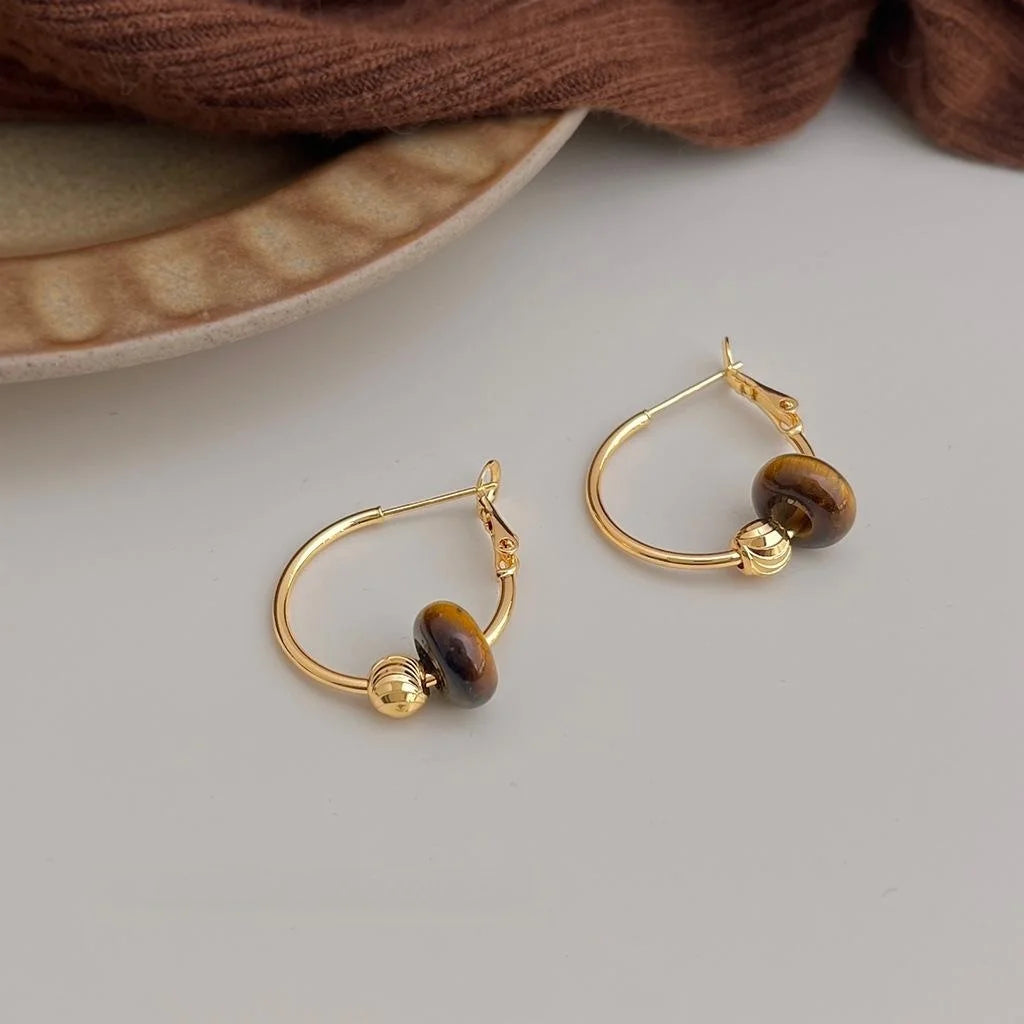 Vintage Tiger Eye Stone Copper Hoop Earrings Geometric Round Line Design