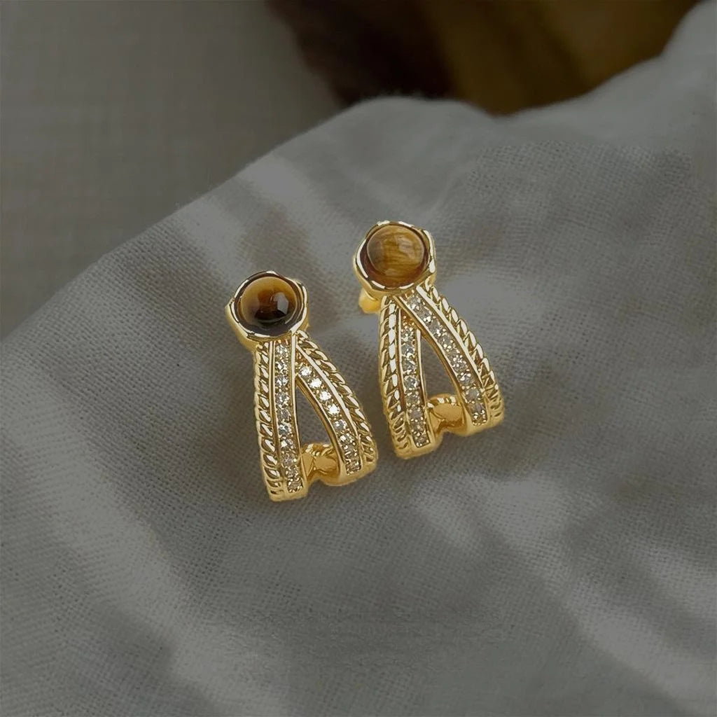 French Vintage Old Money Geometric Tiger Eye Zircon C Shape Eco Copper Drop Earrings
