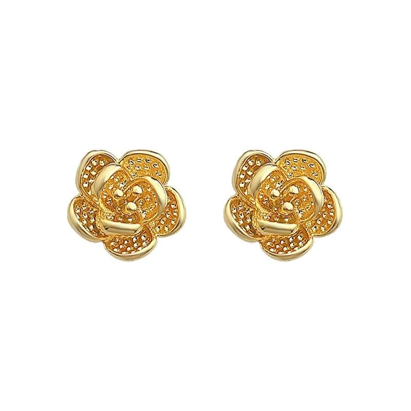 14K Gold Plated Copper 3D Rose Flower Stud Earrings Sweet Minimalist Daily Wear Jewelry