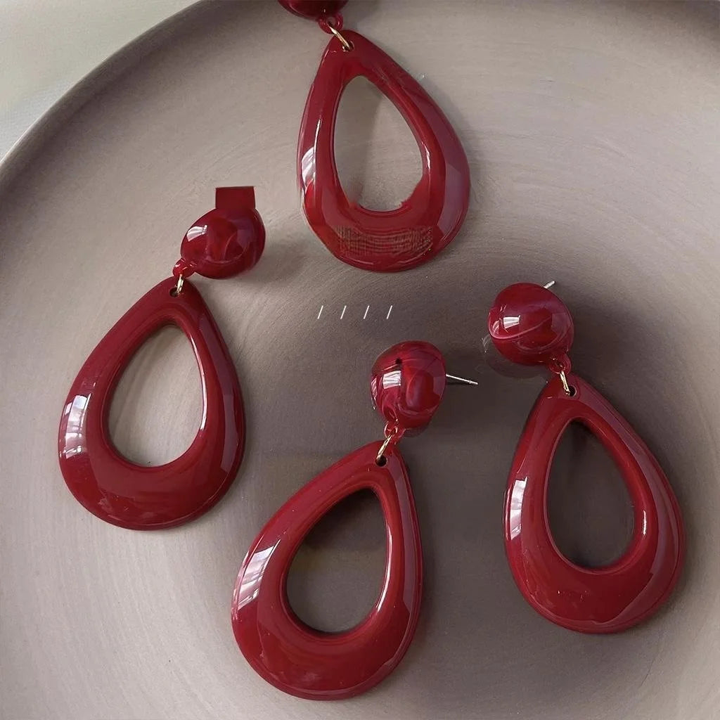 Burgundy Acrylic Waterdrop Stud Earrings Silver Plated Pin French Retro Hong Kong Style Jewelry