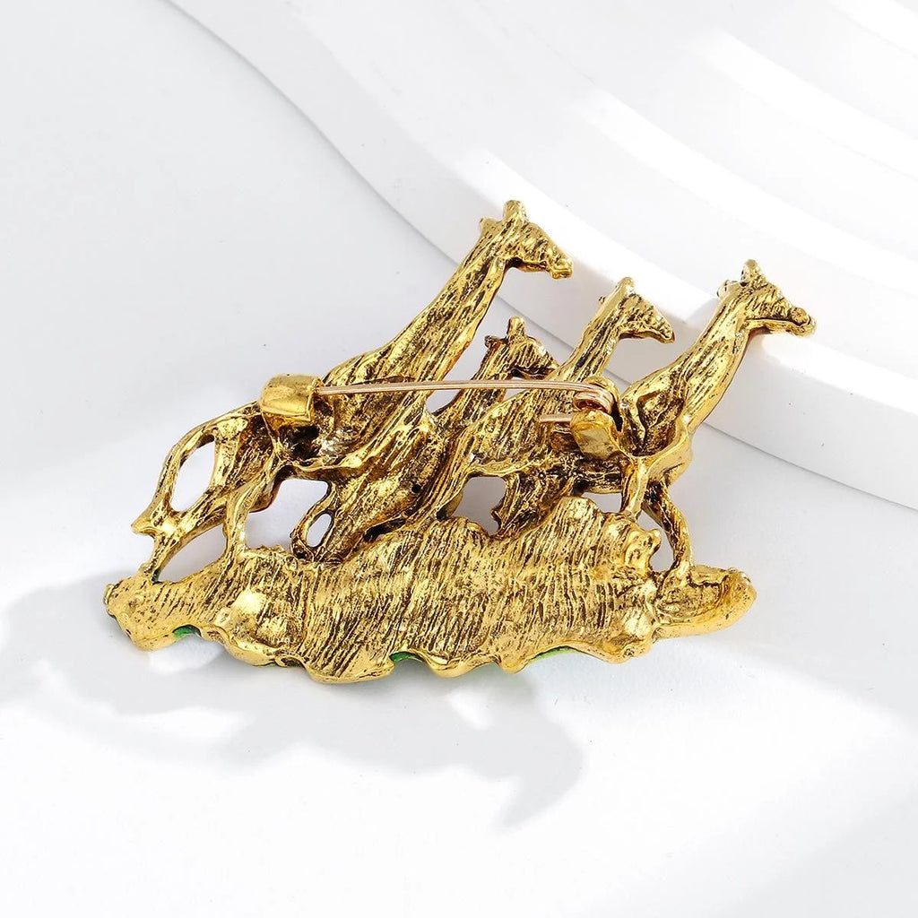 Elegant Enamel Giraffe Herd Brooch With Green Grass, Gold Tone Alloy Lapel Pin Corsage Gift