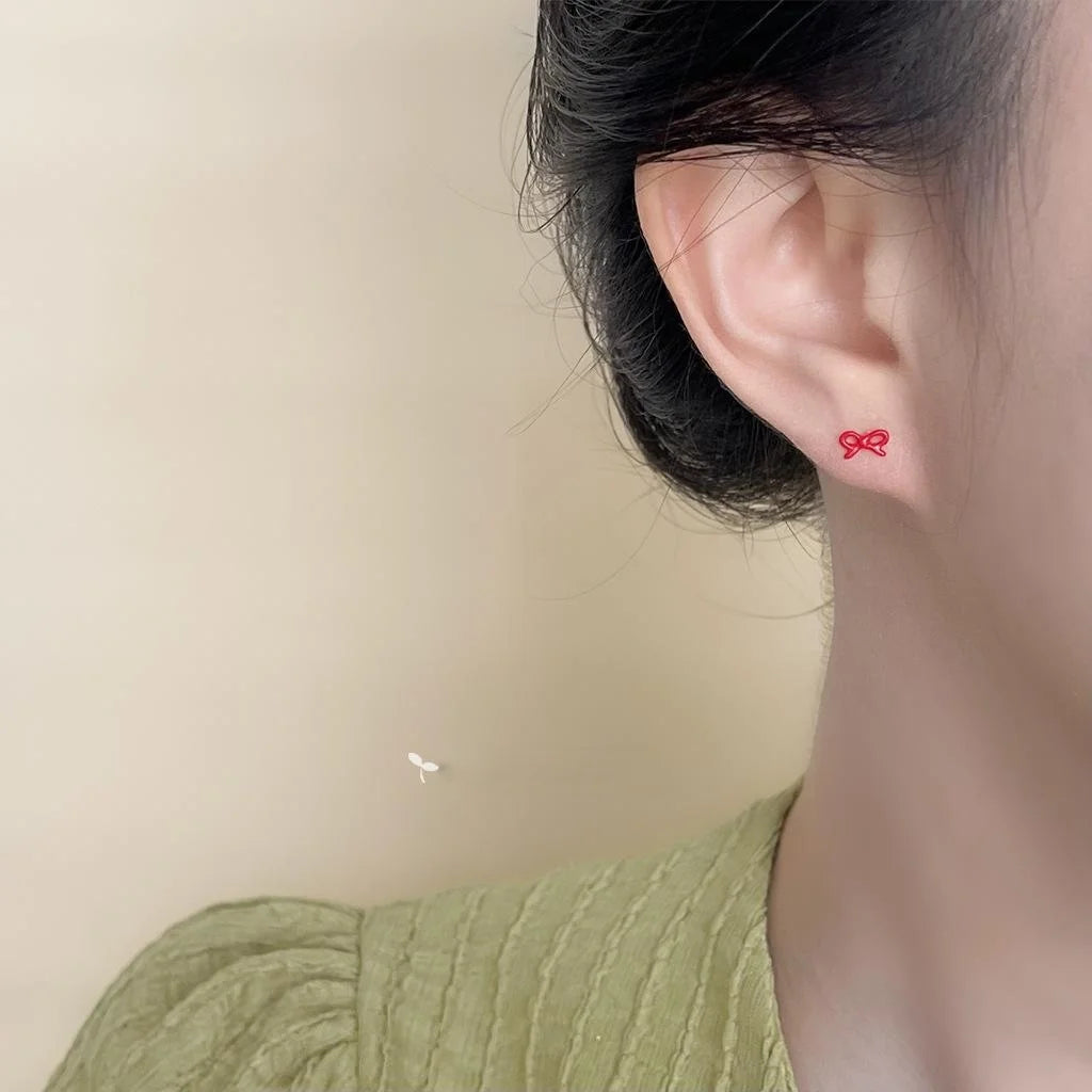 Red Enamel Mini Bow Stud Earrings Copper Simple Commuter Jewelry
