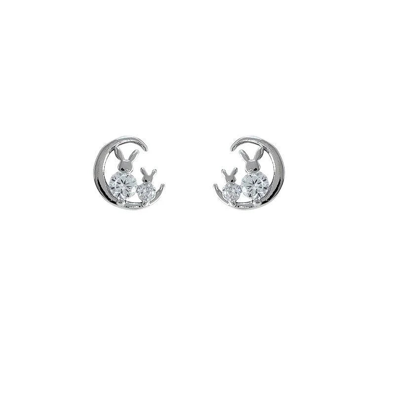 Cute Mini Moon Rabbit Micro Pave Zircon Stud Earrings Silver Tone Copper Sweet Cool Animal Jewelry