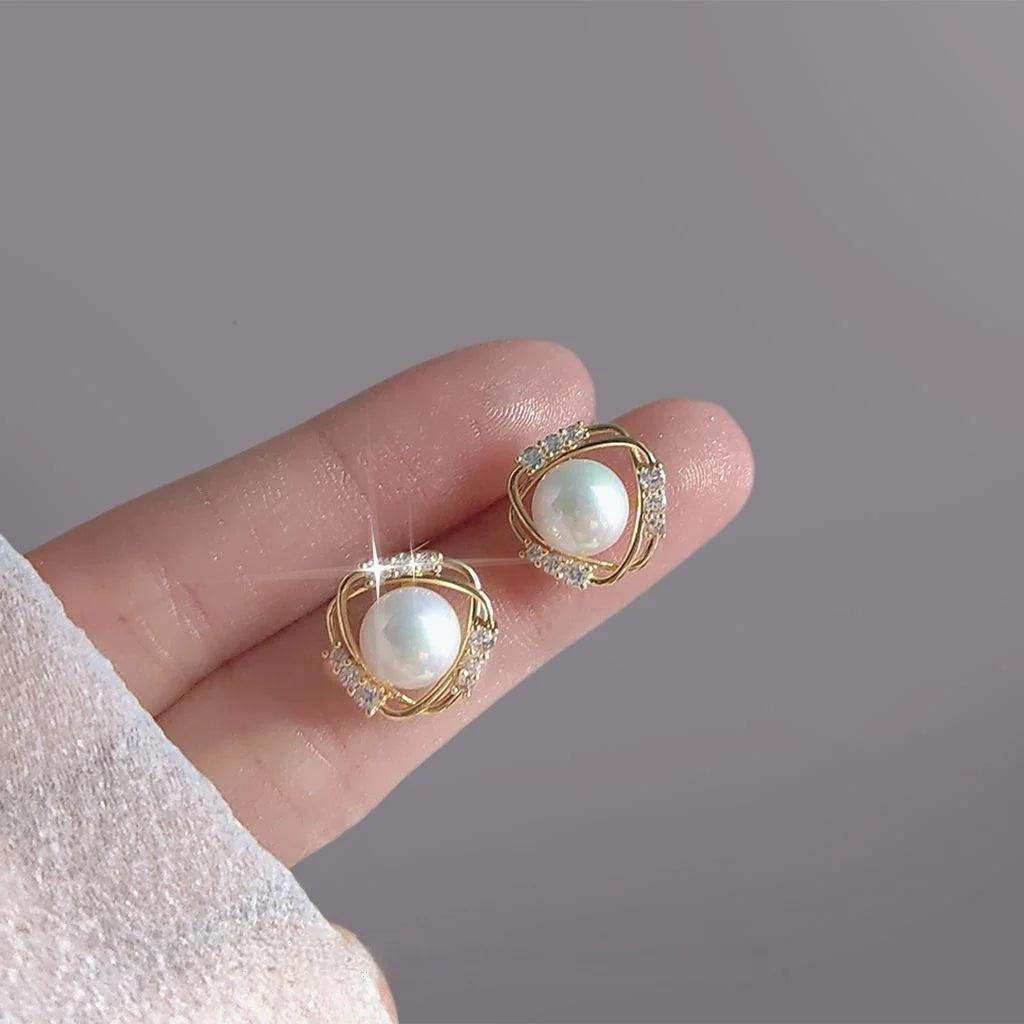 14K Gold Plated Copper Rotating Geometric Micro Pave Zircon Stud Earrings With Silver Plated Pins