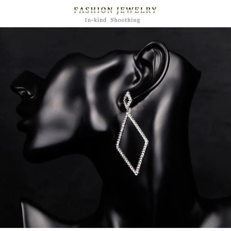 Luxury Geometric Rhinestone Diamond Shape Dangle Earrings For Women, Elegant Alloy Party Wedding Jewelry