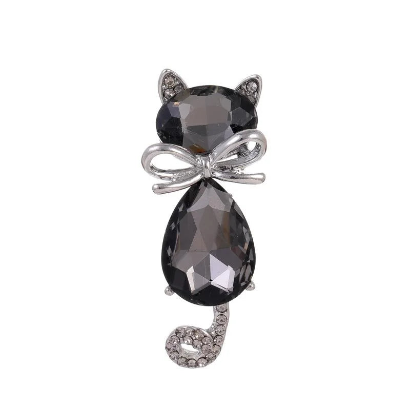 Cute Blue Crystal Cat Brooch With Rhinestone Tail, Elegant Alloy Lapel Pin Corsage Suit Accessory Gift