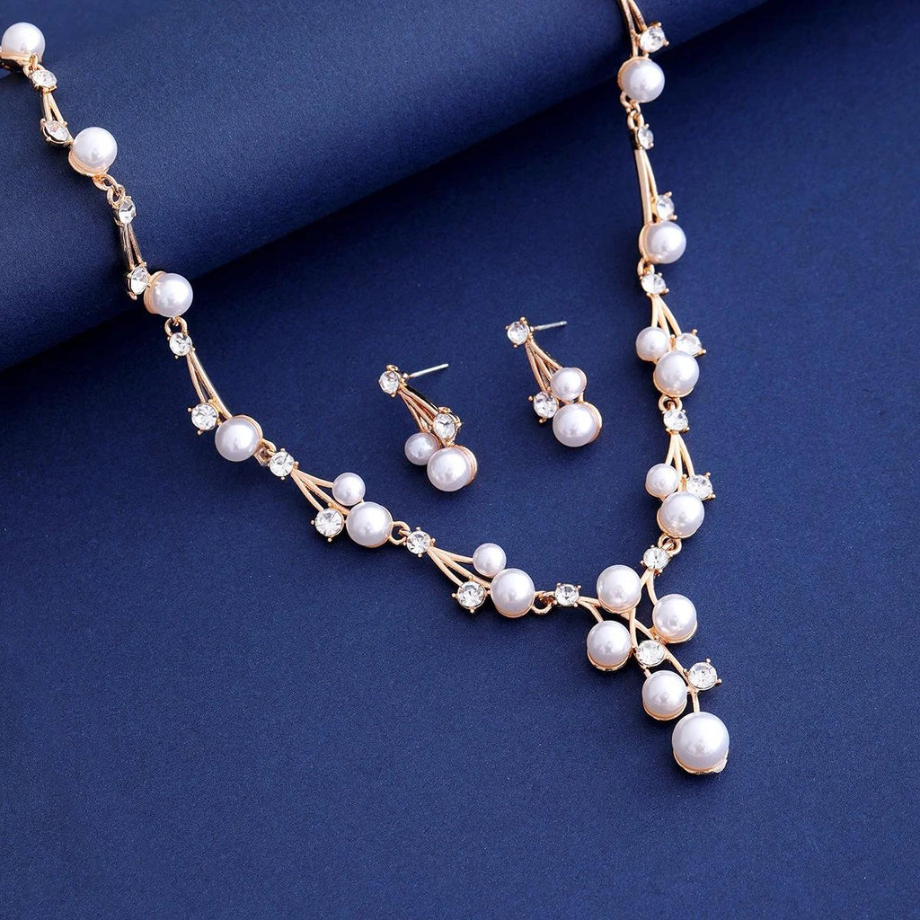 Elegant Pearl Rhinestone Alloy Bridal Earrings and Necklace Jewelry Setfor Wedding Party Banquet Gift