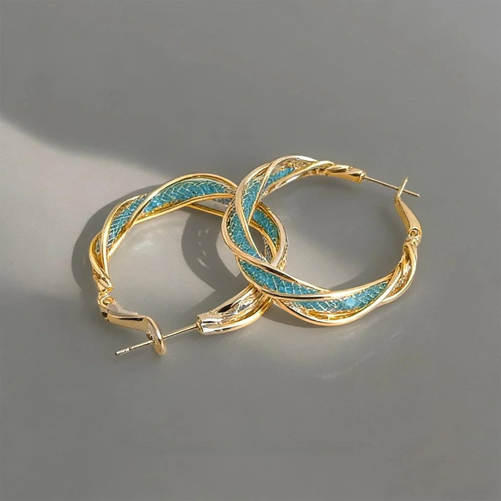 Chic Statement Aquamarine Zircon Crystal Twisted Geometric Copper Hoop Earrings