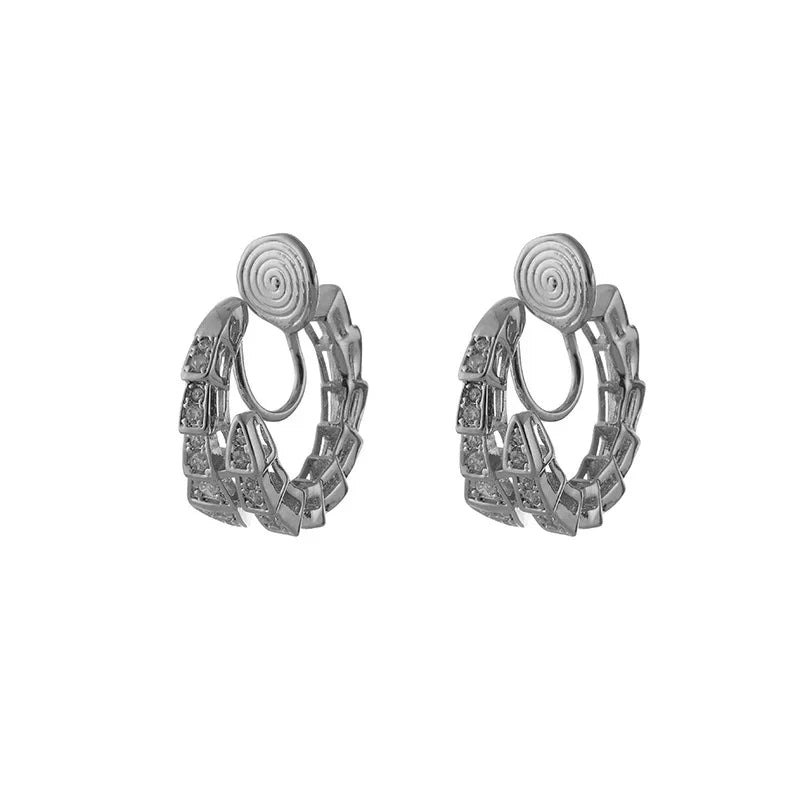 Luxury Snake Shape Spiral Hoop Zircon Stud & Clip On No Piercing Silver Tone Ear Cuff Earrings