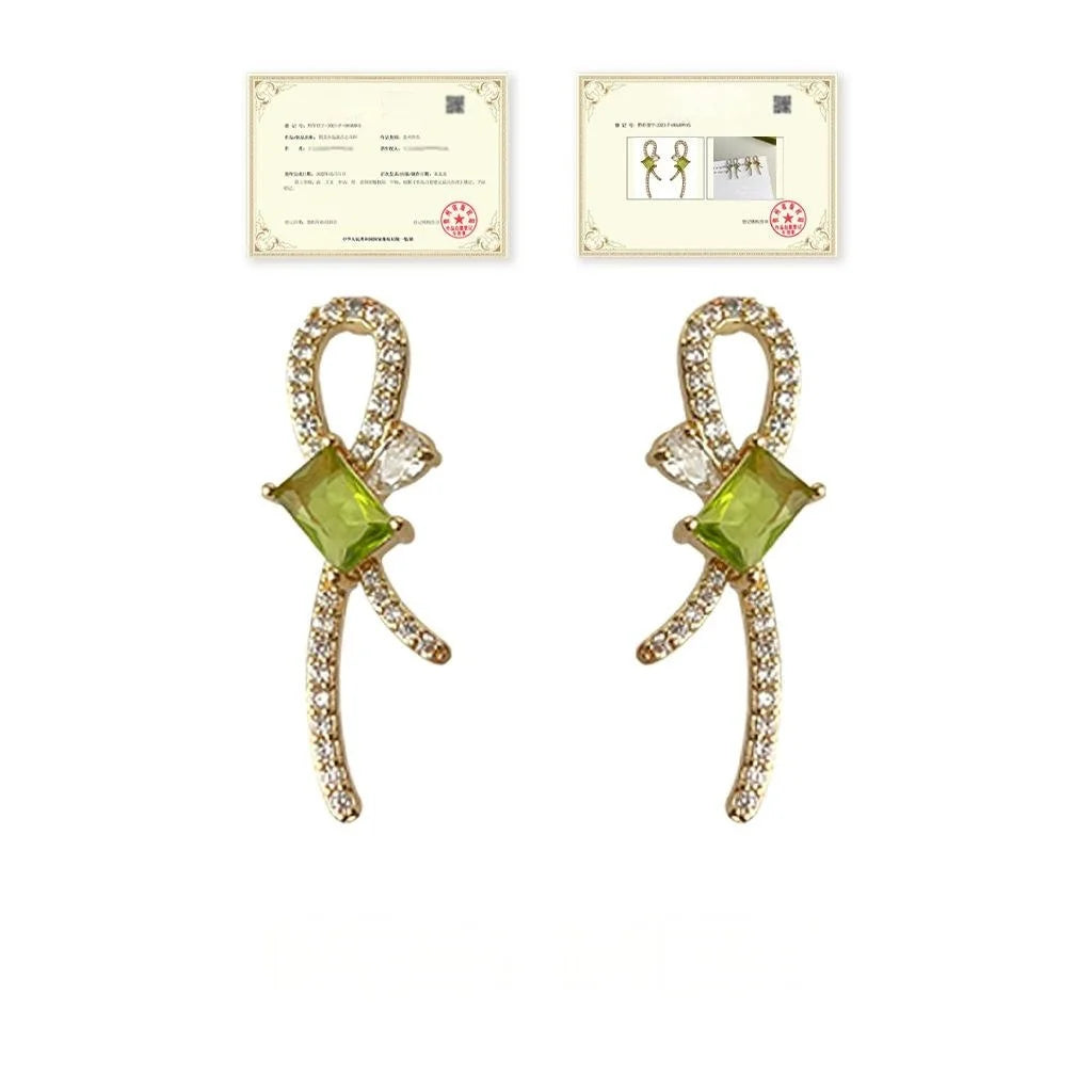Original Design Green Bow Geometric Micro Pave Zircon 14K Plated Copper Drop Earrings