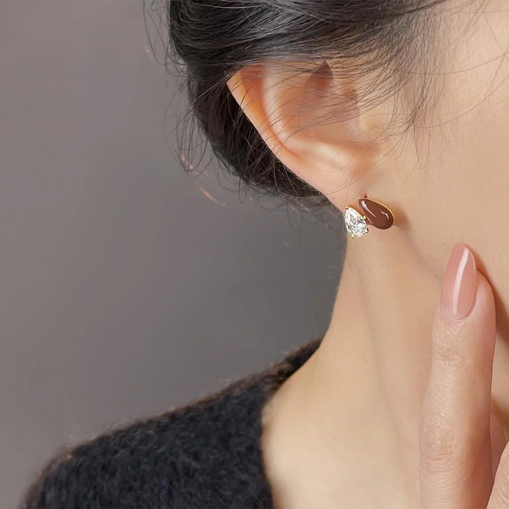 Minimalist Teardrop Zircon Copper Stud Earrings With 14K Plating And Enamel Drip Design