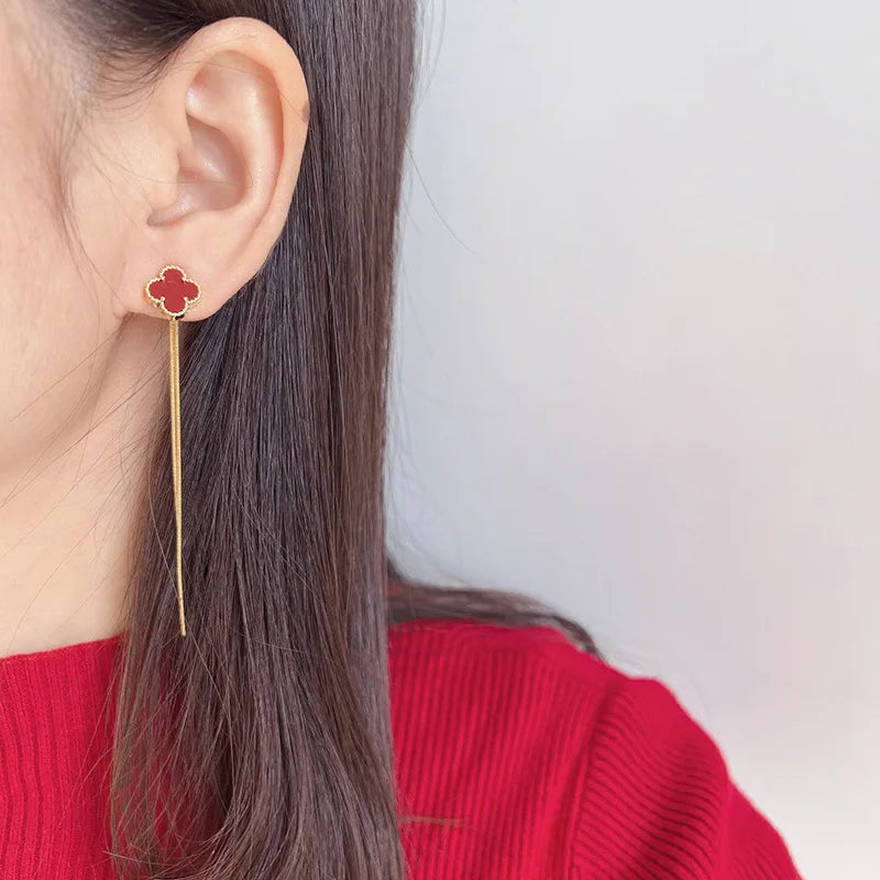 Elegant Red Enamel Lucky Clover Gold Chain Tassel Alloy Stud & Clip On No Piercing Drop Earrings