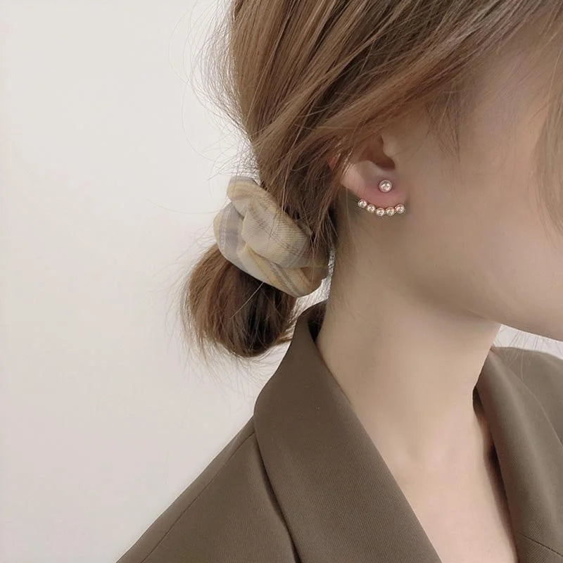 Korean Style Alloy Pearl Stud Earrings Silver Plated Pin Geometric Line Two Way Jewelry