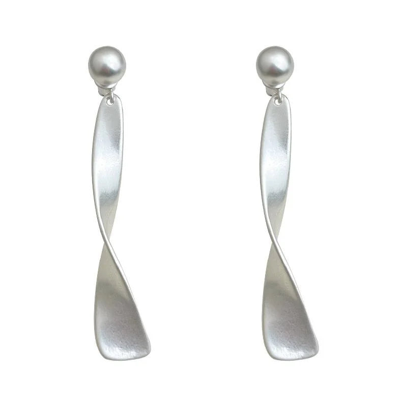 Matte Silver Plated Copper Geometric Drop Earrings, Two Way Curved Long Old Money Style