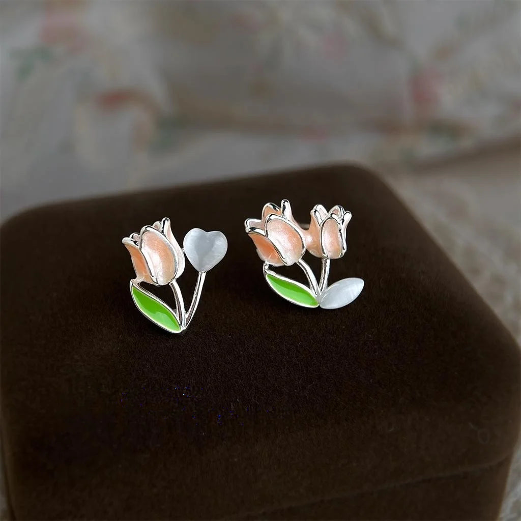 Sweet Asymmetric Tulip Flower Stud Earrings Copper Glass Cat Eye Stone Commuter Jewelry