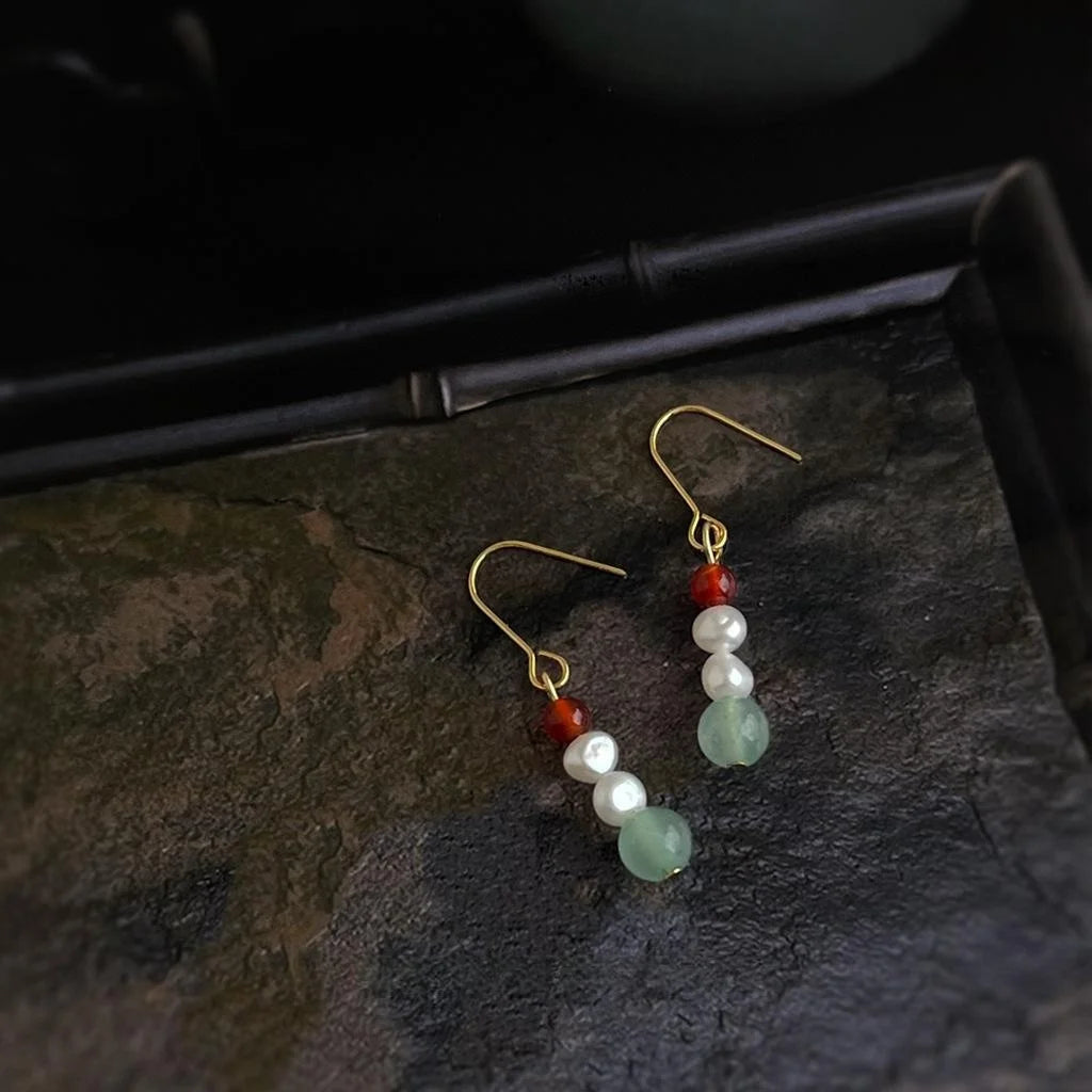 Vintage New Chinese Freshwater Pearl Red Agate Natural Stone Geometric Drop Earrings