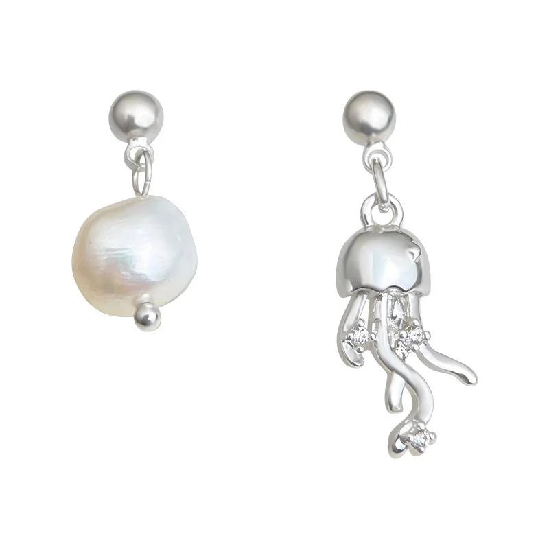 Asymmetric Baroque Freshwater Pearl Jellyfish Drop Earrings With Silver Plated Pins