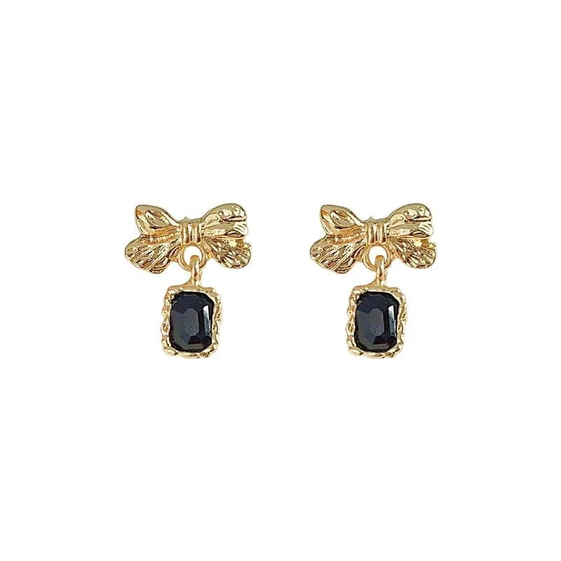 Sweet Cool 14K Plated Bow Glass Crystal Black Alloy Stud Earrings