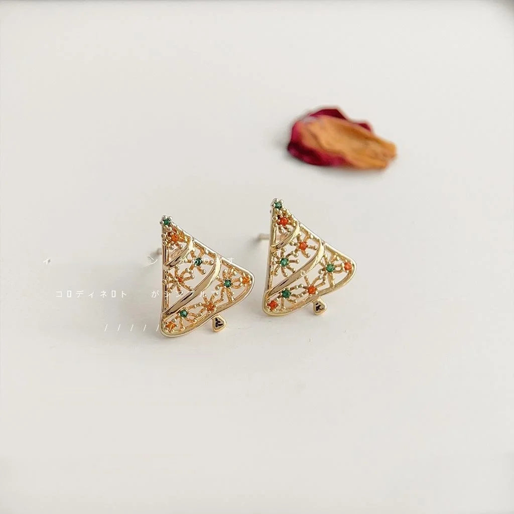 Christmas Tree Stud Earrings Micro Pave Zircon Hollow Copper Red Green Holiday Jewelry