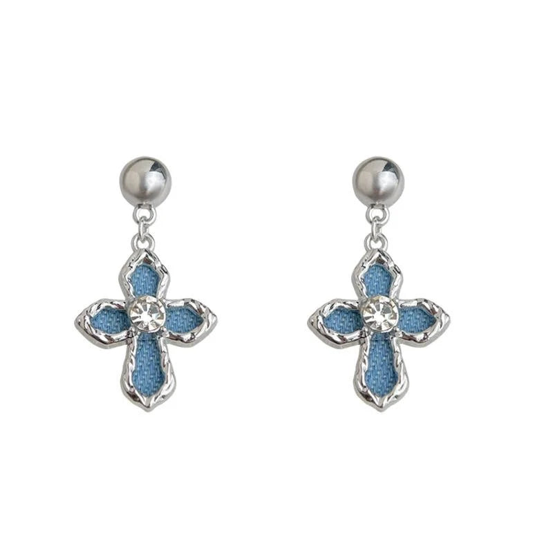 Denim Cross Geometric Drop Earrings Style Sweet Cool Designer Fashion Jewelry